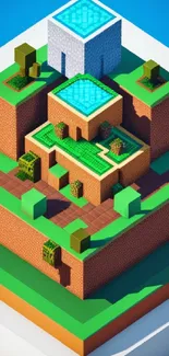 Isometric pixel art oasis with green and brick elements for mobile wallpaper.