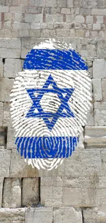 Israeli flag fingerprint on Jerusalem stone wall.