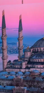 Istanbul skyline with mosque at sunset.