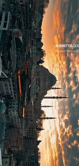 Istanbul skyline at sunset with vibrant orange sky and silhouetted landmarks.