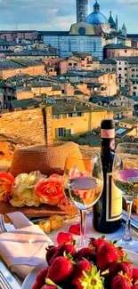 Italian cityscape with wine and strawberries on a rooftop at sunset.