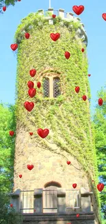 Ivy-covered stone tower surrounded by lush greenery.