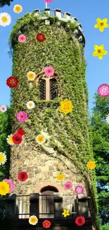 Ivy-covered stone tower with green foliage.