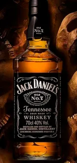 Jack Daniel's whiskey bottle with skulls background.