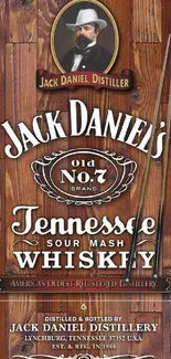 Jack Daniel's vintage whiskey label art with wood background.