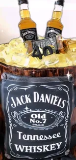 Jack Daniels whiskey bottles and barrel decor mobile wallpaper.