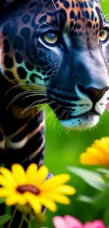 Jaguar moving through bright, colorful flowers in a lush green field.