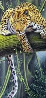 Illustration of a jaguar resting on a tree in the jungle.