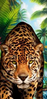 Majestic jaguar in vibrant jungle setting with lush greenery.