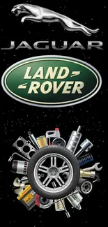 Jaguar and Land Rover logos with car parts on black background.