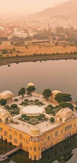 Aerial view of Jal Mahal surrounded by water in Jaipur.