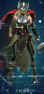 Jane Foster as Thor with hammer, wearing armor and red cape.