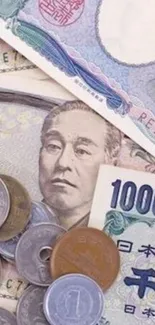 Japanese yen bills and coins close-up.