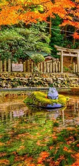 Serene Japanese garden with vibrant orange leaves and reflections in water.