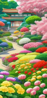 Vibrant Japanese garden with colorful blossoms and lush greenery.