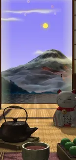 Japanese mountain view wallpaper with Maneki-Neko.