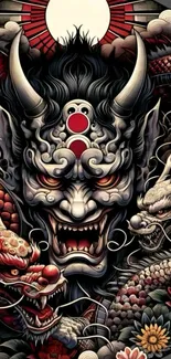 Intricate Japanese Oni and dragon design on wallpaper