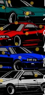 Four classic Japanese sports cars in red, blue, green, and white on a black background.