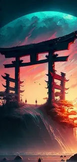 Silhouetted Japanese Torii at vibrant sunset on mysterious landscape.