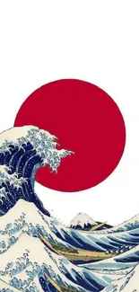 Japanese art featuring ocean waves and a large red sun.