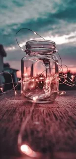 Jar with glowing fairy lights at dusk on a mobile wallpaper.