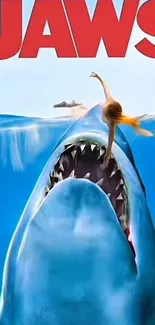 Jaws movie poster with shark and swimmer.