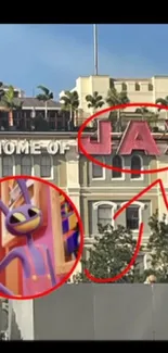 Wallpaper of a building with 'JAX' sign and cartoon character inset.