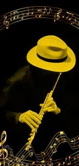 Noir-style jazz wallpaper with saxophonist and musical notes in yellow.