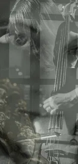 Grayscale wallpaper of jazz musicians with saxophone and bass.