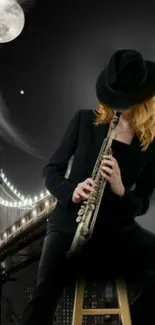 Musician in black under moonlit bridge with saxophone.