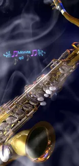 Golden saxophone in smoky artistic background.