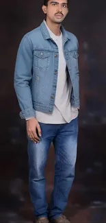 Person wearing a denim jacket and jeans standing.