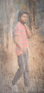 Man in red striped shirt standing in a rainy forest setting.