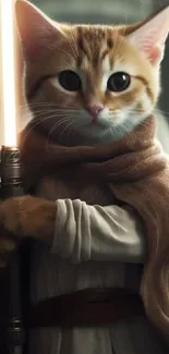 A cute cat dressed as a Jedi with a lightsaber.