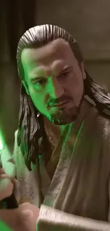 Jedi warrior with glowing green lightsaber.