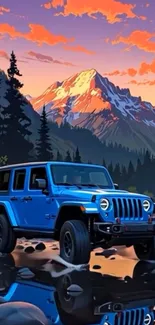 Jeep in mountain landscape at twilight with reflection.