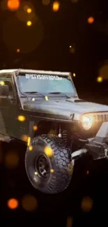 Jeep on rugged terrain with bright lights and glowing effects.