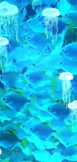 Vibrant blue wallpaper with jellyfish and fish.