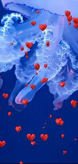 Blue jellyfish with red hearts mobile wallpaper.