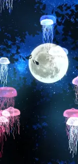 Glowing jellyfish float under a full moon in a dark, starry night sky wallpaper.