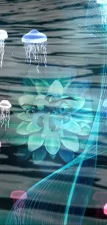 Jellyfish and flower fantasy wallpaper for phone with ethereal underwater glow.