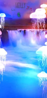 Glowing jellyfish hover over a blue waterfall.