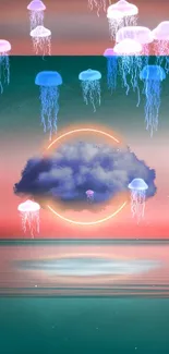 Surreal wallpaper with jellyfish, cloud, and neon glow in cosmic sky.