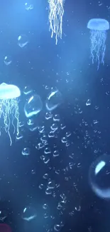 Glowing jellyfish floating in a deep blue ocean background.