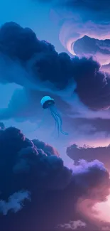 Jellyfish floating in mystical clouds on a vibrant, dreamy wallpaper.