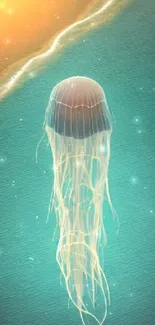 Jellyfish floating in turquoise ocean with golden beach background.