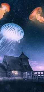 A serene cottage under a starry sky with glowing jellyfish floating above.