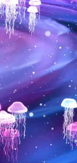 Purple night sky with glowing jellyfish.