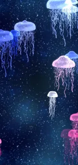 Ethereal mobile wallpaper featuring glowing jellyfish over a dark ocean background.