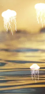 Glowing jellyfish floating over a calm ocean with a golden background.